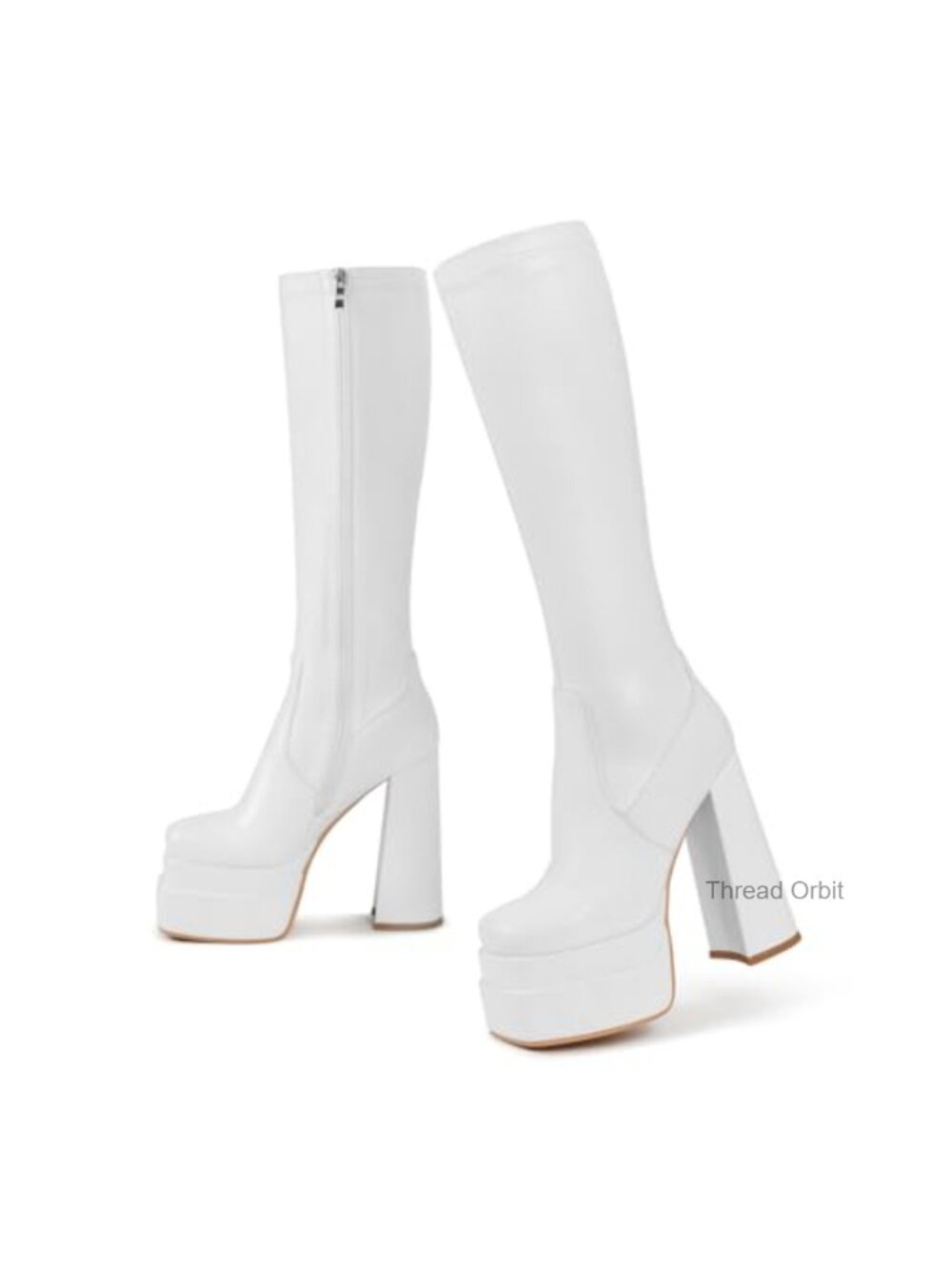 Wetkiss Platform Knee High Boots Faux Leather Square Toe Chunky Heel